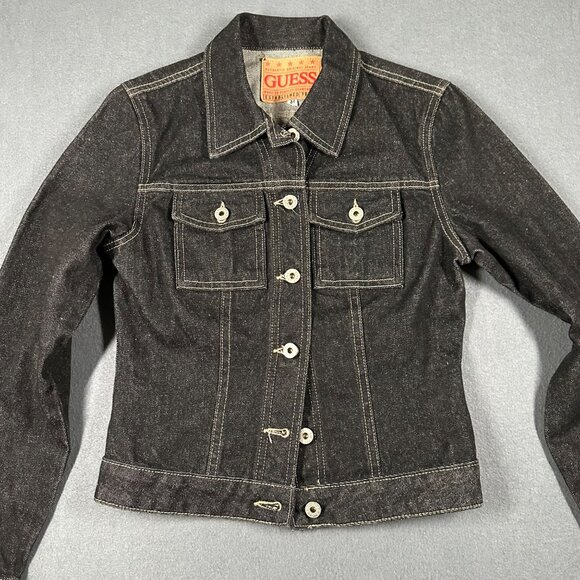 Vtg Guess Womens Medium Black Cropped Denim Trucker Jacket 80s 90s Made in USA - Picture 7 of 8